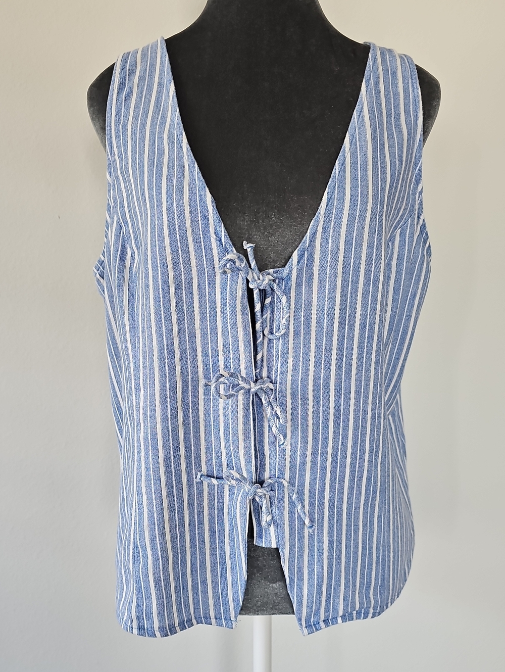 a new day Blue and White Striped Tie-Front Tank